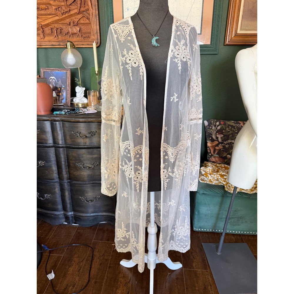 Haute Monde Cream Floral Embroidered Mesh Lace Duster Kimono Cardigan Medium